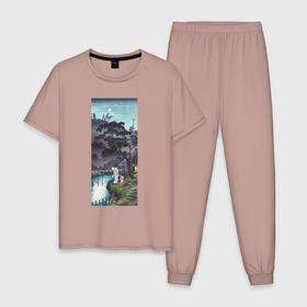 Мужская пижама хлопок с принтом Moon at Sekiguchi (Луна) в Екатеринбурге, 100% хлопок | брюки и футболка прямого кроя, без карманов, на брюках мягкая резинка на поясе и по низу штанин
 | japan | винтаж | горы | луна | пейзаж | природа | прогулка | япония | японская | японская анимация | японская эстетика