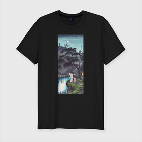 Мужская футболка хлопок Slim с принтом Moon at Sekiguchi (Луна) в Санкт-Петербурге, 92% хлопок, 8% лайкра | приталенный силуэт, круглый вырез ворота, длина до линии бедра, короткий рукав | japan | винтаж | горы | луна | пейзаж | природа | прогулка | япония | японская | японская анимация | японская эстетика