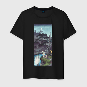 Мужская футболка хлопок с принтом Moon at Sekiguchi (Луна) в Петрозаводске, 100% хлопок | прямой крой, круглый вырез горловины, длина до линии бедер, слегка спущенное плечо. | japan | винтаж | горы | луна | пейзаж | природа | прогулка | япония | японская | японская анимация | японская эстетика