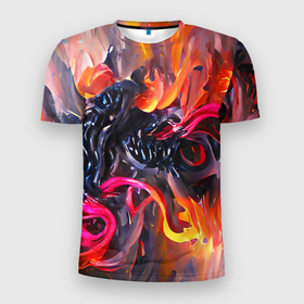 Мужская футболка 3D Slim с принтом Уроборос в огне в Новосибирске, 100% полиэстер с улучшенными характеристиками | приталенный силуэт, круглая горловина, широкие плечи, сужается к линии бедра | Тематика изображения на принте: bright | dark | dragon | fbstraction | fire | абстракция | броский | дракон | мрачный | огонь | рисунок | темный | фееричный | яркий