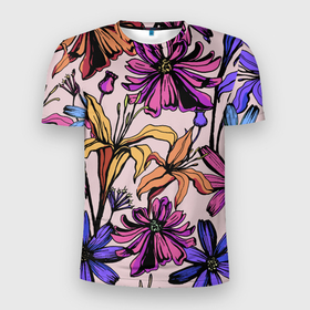 Мужская футболка 3D Slim с принтом Цветы Разноцветные в Ухте, 100% полиэстер с улучшенными характеристиками | приталенный силуэт, круглая горловина, широкие плечи, сужается к линии бедра | flowers | природа | растение | флора | цветы
