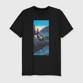Мужская футболка хлопок Slim с принтом Hakone (Домик в горах) в Курске, 92% хлопок, 8% лайкра | приталенный силуэт, круглый вырез ворота, длина до линии бедра, короткий рукав | japan | винтаж | горы | дом | пейзаж | природа | прогулка | река | япония | японская | японская анимация | японская эстетика