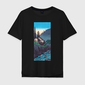 Мужская футболка хлопок Oversize с принтом Hakone (Домик в горах) в Кировске, 100% хлопок | свободный крой, круглый ворот, “спинка” длиннее передней части | japan | винтаж | горы | дом | пейзаж | природа | прогулка | река | япония | японская | японская анимация | японская эстетика