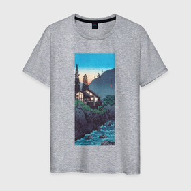 Мужская футболка хлопок с принтом Hakone (Домик в горах) в Петрозаводске, 100% хлопок | прямой крой, круглый вырез горловины, длина до линии бедер, слегка спущенное плечо. | Тематика изображения на принте: japan | винтаж | горы | дом | пейзаж | природа | прогулка | река | япония | японская | японская анимация | японская эстетика