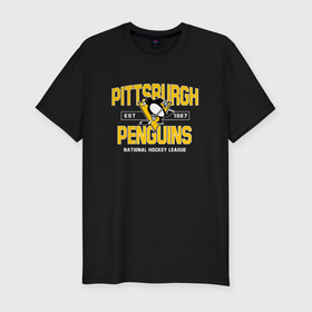 Мужская футболка хлопок Slim с принтом Pittsburgh Penguins Питтсбург Пингвинз в Санкт-Петербурге, 92% хлопок, 8% лайкра | приталенный силуэт, круглый вырез ворота, длина до линии бедра, короткий рукав | Тематика изображения на принте: hockey | nhl | penguins | pittsburg | pittsburgh | pittsburgh penguins | usa | нхл | пингвинз | питтсбург | питтсбург пингвинз | спорт | сша | хоккей | шайба