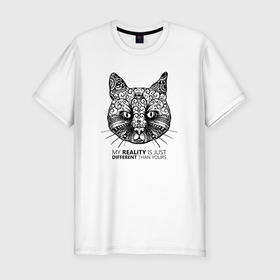 Мужская футболка хлопок Slim с принтом Кот в стиле Мандала | Mandala Cat в Белгороде, 92% хлопок, 8% лайкра | приталенный силуэт, круглый вырез ворота, длина до линии бедра, короткий рукав | cat | cats | esoteric | ethnic | fashion | forest | kitten | lover | lovers | mandala | sacral | scheme | style | буддизм | иллюстрация | ко | котейка | котёнок | котэ | кошка | лесное животное | лесной зверь | лесной кот | сакральная схема | стиль