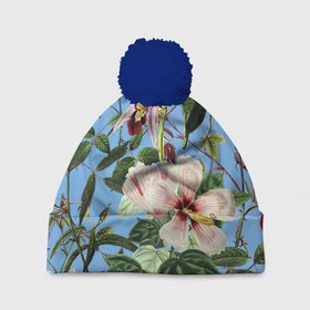 Шапка 3D c помпоном с принтом Цветы Сине Цветочный Букет в Кировске, 100% полиэстер | универсальный размер, печать по всей поверхности изделия | flowers | природа | растение | флора | цветы