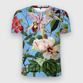 Мужская футболка 3D Slim с принтом Цветы Сине Цветочный Букет в Тюмени, 100% полиэстер с улучшенными характеристиками | приталенный силуэт, круглая горловина, широкие плечи, сужается к линии бедра | Тематика изображения на принте: flowers | природа | растение | флора | цветы