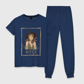 Женская пижама хлопок с принтом Ведьма witch колдунья в шляпе с цветами в Рязани, 100% хлопок | брюки и футболка прямого кроя, без карманов, на брюках мягкая резинка на поясе и по низу штанин | witch | ведьма | ведьма в шляпе | ведьма с цветами | иллюстрация | колдунья | магия | мистика | рисунок в рамке | эзотерика