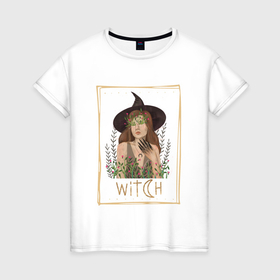 Женская футболка хлопок с принтом Ведьма witch колдунья в шляпе с цветами в Екатеринбурге, 100% хлопок | прямой крой, круглый вырез горловины, длина до линии бедер, слегка спущенное плечо | Тематика изображения на принте: witch | ведьма | ведьма в шляпе | ведьма с цветами | иллюстрация | колдунья | магия | мистика | рисунок в рамке | эзотерика