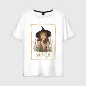 Женская футболка хлопок Oversize с принтом Ведьма witch колдунья в шляпе с цветами в Екатеринбурге, 100% хлопок | свободный крой, круглый ворот, спущенный рукав, длина до линии бедер
 | Тематика изображения на принте: witch | ведьма | ведьма в шляпе | ведьма с цветами | иллюстрация | колдунья | магия | мистика | рисунок в рамке | эзотерика