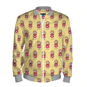 Мужской бомбер 3D с принтом Обезьянка на грибе в Санкт-Петербурге, 100% полиэстер | застегивается на молнию, по бокам два кармана без застежек, по низу бомбера и на воротнике - эластичная резинка | гриб | желтый | животное | красный | милота | обезьяна | улыбка