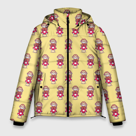 Мужская зимняя куртка 3D с принтом Обезьянка на грибе в Санкт-Петербурге, верх — 100% полиэстер; подкладка — 100% полиэстер; утеплитель — 100% полиэстер | длина ниже бедра, свободный силуэт Оверсайз. Есть воротник-стойка, отстегивающийся капюшон и ветрозащитная планка. 

Боковые карманы с листочкой на кнопках и внутренний карман на молнии. | Тематика изображения на принте: гриб | желтый | животное | красный | милота | обезьяна | улыбка