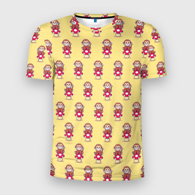 Мужская футболка 3D Slim с принтом Обезьянка на грибе в Белгороде, 100% полиэстер с улучшенными характеристиками | приталенный силуэт, круглая горловина, широкие плечи, сужается к линии бедра | Тематика изображения на принте: гриб | желтый | животное | красный | милота | обезьяна | улыбка