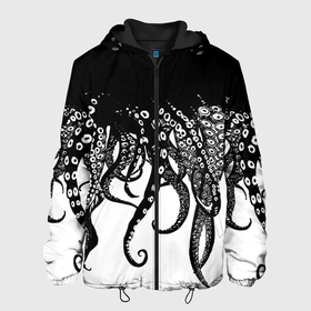Мужская куртка 3D с принтом В щупальцах осьминога в Новосибирске, ткань верха — 100% полиэстер, подклад — флис | прямой крой, подол и капюшон оформлены резинкой с фиксаторами, два кармана без застежек по бокам, один большой потайной карман на груди. Карман на груди застегивается на липучку | octopus | асьменог | асьминог | в щупальцах осьминога | животное | морские животные | октопус | осьминог | подводный мир | щупальца | щупальцы