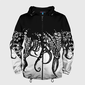 Мужская ветровка 3D с принтом В щупальцах осьминога в Екатеринбурге, 100% полиэстер | подол и капюшон оформлены резинкой с фиксаторами, два кармана без застежек по бокам, один потайной карман на груди | octopus | асьменог | асьминог | в щупальцах осьминога | животное | морские животные | октопус | осьминог | подводный мир | щупальца | щупальцы
