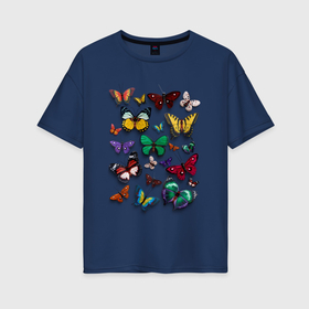 Женская футболка хлопок Oversize с принтом Разноцветные бабочки 3d эффект в Тюмени, 100% хлопок | свободный крой, круглый ворот, спущенный рукав, длина до линии бедер
 | Тематика изображения на принте: 3d | 3d эффект | бабочка | бабочки | насекомые