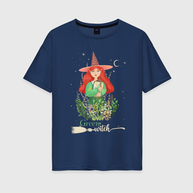 Женская футболка хлопок Oversize с принтом Зеленая ведьма Green Witch Рыжеволосая ведьма в Белгороде, 100% хлопок | свободный крой, круглый ворот, спущенный рукав, длина до линии бедер
 | green witch | witch | банка со светлячками | ведьма | грибы | луна | магия | месяц | мистика | растения | рыжеволосая ведьма | эзотерика