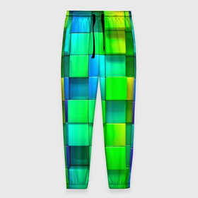 Мужские брюки 3D с принтом РАЗНОЦВЕТНЫЕ КУБИКИ (MULTICOLORED CUBES) в Петрозаводске, 100% полиэстер | манжеты по низу, эластичный пояс регулируется шнурком, по бокам два кармана без застежек, внутренняя часть кармана из мелкой сетки | Тематика изображения на принте: геометрический | желтый | зеленый | квадратный | красный | красочный | куб | оптическая иллюзия | розовый | текстура | узор | цвета