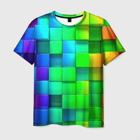 Мужская футболка 3D с принтом РАЗНОЦВЕТНЫЕ КУБИКИ (MULTICOLORED CUBES) в Курске, 100% полиэфир | прямой крой, круглый вырез горловины, длина до линии бедер | Тематика изображения на принте: геометрический | желтый | зеленый | квадратный | красный | красочный | куб | оптическая иллюзия | розовый | текстура | узор | цвета