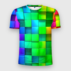 Мужская футболка 3D Slim с принтом РАЗНОЦВЕТНЫЕ КУБИКИ (MULTICOLORED CUBES) , 100% полиэстер с улучшенными характеристиками | приталенный силуэт, круглая горловина, широкие плечи, сужается к линии бедра | Тематика изображения на принте: геометрический | желтый | зеленый | квадратный | красный | красочный | куб | оптическая иллюзия | розовый | текстура | узор | цвета