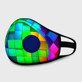 Маска из неопрена с принтом РАЗНОЦВЕТНЫЕ КУБИКИ (MULTICOLORED CUBES) в Курске, неопрен 100% | Форма огибающая нос. Резинки для ушей с дополнительной резинкой на затылке. Клапан для выдоха для активного дыхания при занятиях спортом. Эластичный материал маски и окантовки для лучшего растяжения и прилегания маски.  | геометрический | желтый | зеленый | квадратный | красный | красочный | куб | оптическая иллюзия | розовый | текстура | узор | цвета