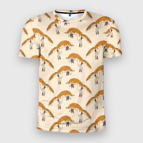 Мужская футболка 3D Slim с принтом Лиса в прыжке   паттерн в Новосибирске, 100% полиэстер с улучшенными характеристиками | приталенный силуэт, круглая горловина, широкие плечи, сужается к линии бедра | fox | jump | животное | лиса | охота | паттерн | прыжок | рисунок