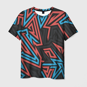 Мужская футболка 3D с принтом Геометрический красный синий паттерн , 100% полиэфир | прямой крой, круглый вырез горловины, длина до линии бедер | Тематика изображения на принте: геометрия | красный | паттерн | синий | текстура | угол | цвет | черный