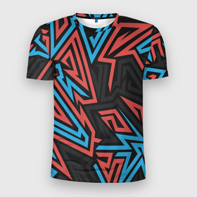 Мужская футболка 3D Slim с принтом Геометрический красный синий паттерн , 100% полиэстер с улучшенными характеристиками | приталенный силуэт, круглая горловина, широкие плечи, сужается к линии бедра | геометрия | красный | паттерн | синий | текстура | угол | цвет | черный