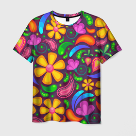 Мужская футболка 3D с принтом РАСПИСНЫЕ ЦВЕТЫ (PAINTED FLOWERS) в Белгороде, 100% полиэфир | прямой крой, круглый вырез горловины, длина до линии бедер | акварель | зеленый | красивый | красочный | листья | милый | розовый | ручная роспись | синий | узор | фиолетовый | цвет