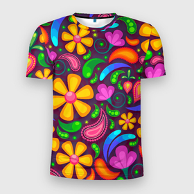 Мужская футболка 3D Slim с принтом РАСПИСНЫЕ ЦВЕТЫ (PAINTED FLOWERS) в Белгороде, 100% полиэстер с улучшенными характеристиками | приталенный силуэт, круглая горловина, широкие плечи, сужается к линии бедра | Тематика изображения на принте: акварель | зеленый | красивый | красочный | листья | милый | розовый | ручная роспись | синий | узор | фиолетовый | цвет