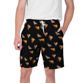 Мужские шорты 3D с принтом Желтые бабочки паттерн в Белгороде,  полиэстер 100% | прямой крой, два кармана без застежек по бокам. Мягкая трикотажная резинка на поясе, внутри которой широкие завязки. Длина чуть выше колен | абстракция | акварель | бабочка | желтый | насекомое | черный