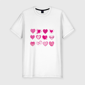 Мужская футболка хлопок Slim с принтом РОЗОВЫЕ СЕРДЕЧКИ (PINK HEARTS) в Петрозаводске, 92% хлопок, 8% лайкра | приталенный силуэт, круглый вырез ворота, длина до линии бедра, короткий рукав | валентинки | забавный | любовь | милый | узор | эстетичный