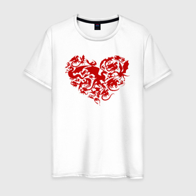 Мужская футболка хлопок с принтом Сердце из драконов в Новосибирске, 100% хлопок | прямой крой, круглый вырез горловины, длина до линии бедер, слегка спущенное плечо. | dragon | дракон | дракончик | драконы | змий | мифическое существо | монстр | сердечко | сердца | сердце | чудище | чудовище
