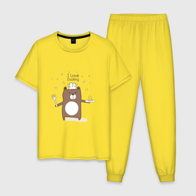Мужская пижама хлопок с принтом Bruin in a cap   Я ЛЮБЛЮ ГОТОВИТЬ (I LOVE COOKING) , 100% хлопок | брюки и футболка прямого кроя, без карманов, на брюках мягкая резинка на поясе и по низу штанин
 | bear | животное | забавный | медведь | мишка | повар