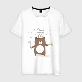 Мужская футболка хлопок с принтом Bruin in a cap   Я ЛЮБЛЮ ГОТОВИТЬ (I LOVE COOKING) в Белгороде, 100% хлопок | прямой крой, круглый вырез горловины, длина до линии бедер, слегка спущенное плечо. | bear | животное | забавный | медведь | мишка | повар