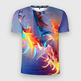 Мужская футболка 3D Slim с принтом Замерзшее пламя в Екатеринбурге, 100% полиэстер с улучшенными характеристиками | приталенный силуэт, круглая горловина, широкие плечи, сужается к линии бедра | Тематика изображения на принте: abstraction | bright | colors | fire | flame | frozen | ice | multicolored | абстракция | горячий | краски | красочный | лед | огонь | пламя | разноцветный | сочный | фееричный | яркий
