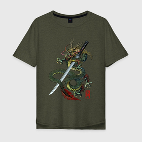 Мужская футболка хлопок Oversize с принтом Дракон с катаной в Петрозаводске, 100% хлопок | свободный крой, круглый ворот, “спинка” длиннее передней части | dragon | дракон | дракончик | драконы | змий | катана | меч | мифическое существо | монстр | самурай | чудище | чудовище
