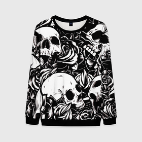 Мужской свитшот 3D с принтом черепа и розы на черном фоне в Санкт-Петербурге, 100% полиэстер с мягким внутренним слоем | круглый вырез горловины, мягкая резинка на манжетах и поясе, свободная посадка по фигуре | background | black | black background | bw | flowers | roses | skeleton | skeletons | skull | skulls | white | белый | розы | скелет | скелеты | фон | цветы | чб | череп | черепа | черный | черный фон