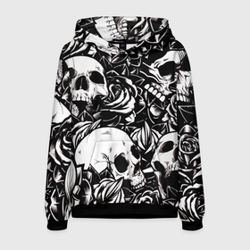 Мужская толстовка 3D с принтом черепа и розы на черном фоне в Курске, 100% полиэстер | двухслойный капюшон со шнурком для регулировки, мягкие манжеты на рукавах и по низу толстовки, спереди карман-кенгуру с мягким внутренним слоем. | background | black | black background | bw | flowers | roses | skeleton | skeletons | skull | skulls | white | белый | розы | скелет | скелеты | фон | цветы | чб | череп | черепа | черный | черный фон