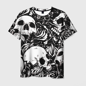 Мужская футболка 3D с принтом черепа и розы на черном фоне в Тюмени, 100% полиэфир | прямой крой, круглый вырез горловины, длина до линии бедер | background | black | black background | bw | flowers | roses | skeleton | skeletons | skull | skulls | white | белый | розы | скелет | скелеты | фон | цветы | чб | череп | черепа | черный | черный фон