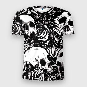 Мужская футболка 3D Slim с принтом черепа и розы на черном фоне в Тюмени, 100% полиэстер с улучшенными характеристиками | приталенный силуэт, круглая горловина, широкие плечи, сужается к линии бедра | background | black | black background | bw | flowers | roses | skeleton | skeletons | skull | skulls | white | белый | розы | скелет | скелеты | фон | цветы | чб | череп | черепа | черный | черный фон