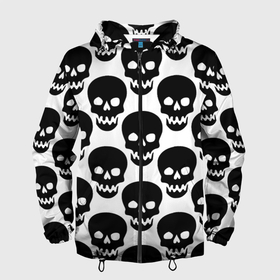 Мужская ветровка 3D с принтом черепа на белом фоне в Новосибирске, 100% полиэстер | подол и капюшон оформлены резинкой с фиксаторами, два кармана без застежек по бокам, один потайной карман на груди | Тематика изображения на принте: background | black | pattern | skeleton | skeletons | skull | skulls | white background | белый фон | паттерн | скелет | скелетты | фон | череп | черепа | черный
