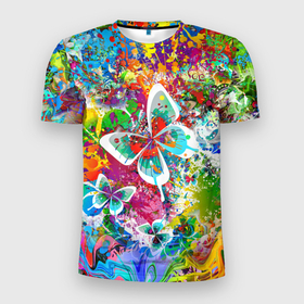 Мужская футболка 3D Slim с принтом Яркое безумие | Бабочки, кляксы, граффити в Новосибирске, 100% полиэстер с улучшенными характеристиками | приталенный силуэт, круглая горловина, широкие плечи, сужается к линии бедра | Тематика изображения на принте: abstract | butterflies | design | flowers | graffiti | graphics | pattern | splashes | summer | абстракт | абстракция | бабочки | брызги | графика | граффити | девушкам | дизайн | кляксы | летнее | лето | паттерн | узоры | цветы