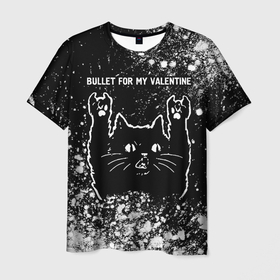 Мужская футболка 3D с принтом Bullet For My Valentine   Rock Cat в Екатеринбурге, 100% полиэфир | прямой крой, круглый вырез горловины, длина до линии бедер | band | bullet | bullet for my valentine | for | metal | rock | valentine | буллет | валентайн | группа | кот | краска | краски | рок | рок кот