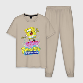 Мужская пижама хлопок с принтом Bob Squids Surf , 100% хлопок | брюки и футболка прямого кроя, без карманов, на брюках мягкая резинка на поясе и по низу штанин
 | sponge bob | square pants | squids | губка боб | квадратные штаны | медузы | пузыри | серфинг | трусы