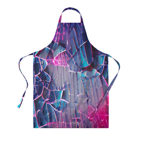 Фартук 3D с принтом Осколки стекла в Новосибирске, 100% полиэстер | общий размер — 65 х 85 см, ширина нагрудника — 26 см, горловина — 53 см, длина завязок — 54 см, общий обхват в поясе — 173 см. Принт на завязках и на горловине наносится с двух сторон, на основной части фартука — только с внешней стороны | abstraction | blue | bright | colors | crack | dark | debris | multicoloured | pink | purple | абстракция | блеск | вспышки | осколки | разбитое | розовый | свет | синий | стекло | темный | треснутое | фиолетовый | яркий
