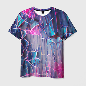 Мужская футболка 3D с принтом Осколки стекла в Белгороде, 100% полиэфир | прямой крой, круглый вырез горловины, длина до линии бедер | abstraction | blue | bright | colors | crack | dark | debris | multicoloured | pink | purple | абстракция | блеск | вспышки | осколки | разбитое | розовый | свет | синий | стекло | темный | треснутое | фиолетовый | яркий