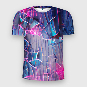 Мужская футболка 3D Slim с принтом Осколки стекла в Курске, 100% полиэстер с улучшенными характеристиками | приталенный силуэт, круглая горловина, широкие плечи, сужается к линии бедра | abstraction | blue | bright | colors | crack | dark | debris | multicoloured | pink | purple | абстракция | блеск | вспышки | осколки | разбитое | розовый | свет | синий | стекло | темный | треснутое | фиолетовый | яркий