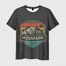 Мужская футболка 3D с принтом Горы   Mountains в Тюмени, 100% полиэфир | прямой крой, круглый вырез горловины, длина до линии бедер | 1994 | hills | mountains | гора | горы | грандж | гранж | деревья | надпись горы | силуэт птиц | цветные полосы